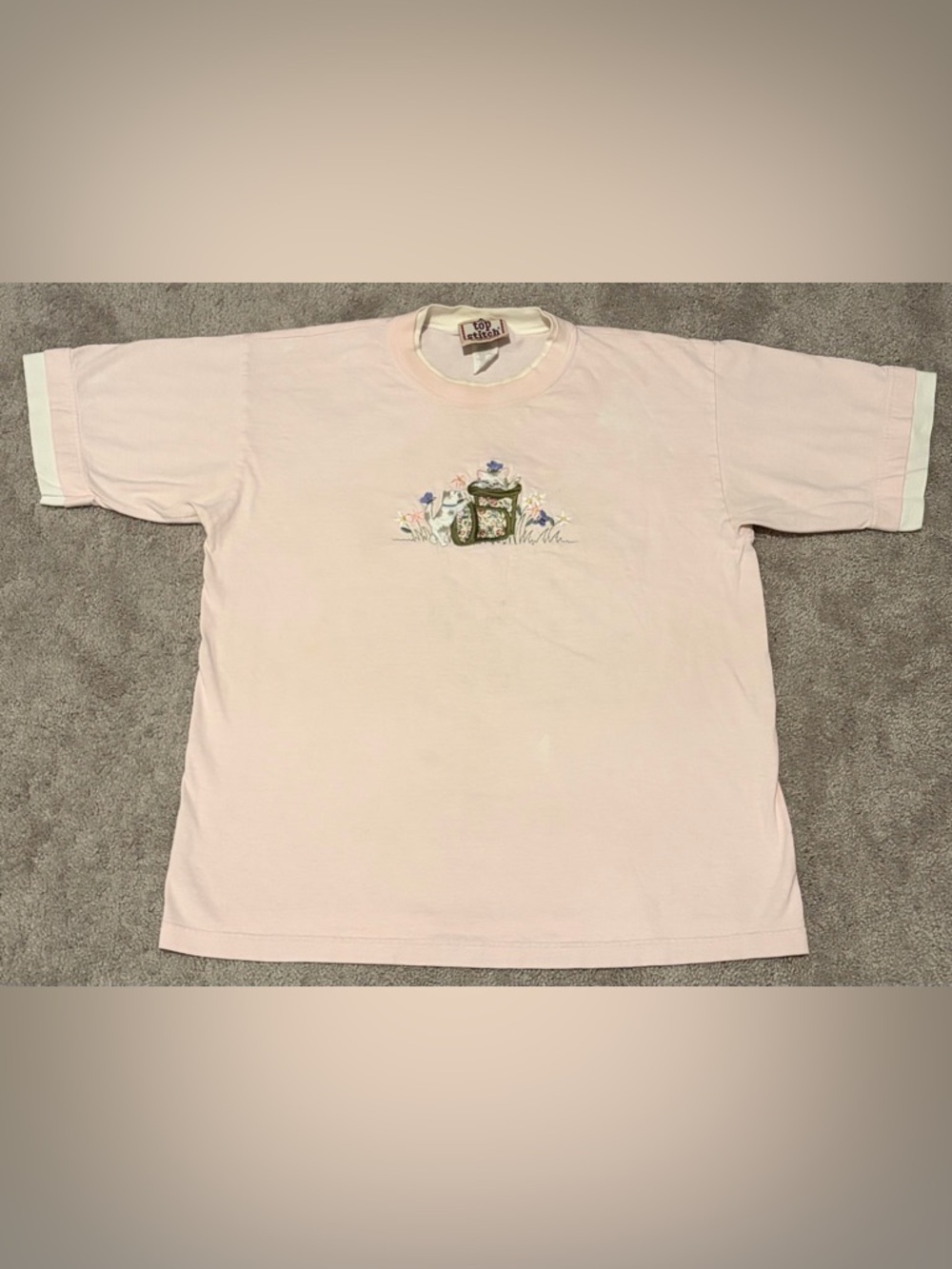 VTG Top Stitch By Morning Sun Pink Cat In A Flower Pot Embroidered T Shirt Sz L